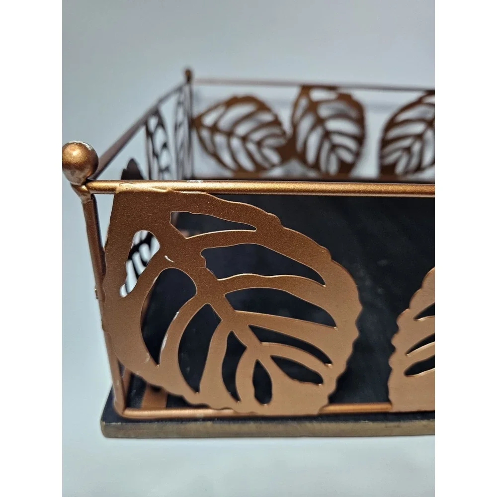 Leaf Metal Planter Set 2 Tropical Monstera Decorative Baskets Green Bronze Tray
